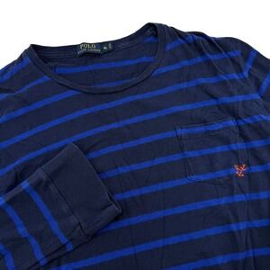 Polo Ralph Lauren Mens Long Sleeve Striped Pocket T Shirt XL Navy Blue Anchor